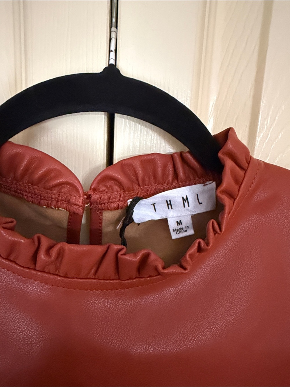 THML Rust Puff-Sleeve Faux Leather Top with Ruffled Neck - Picture 2 of 4